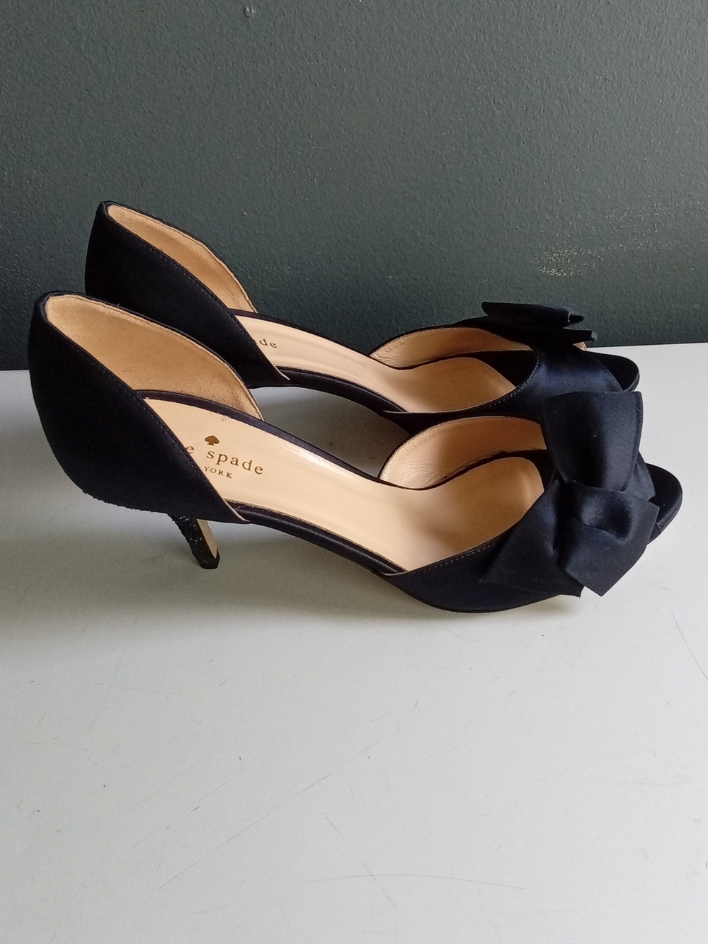 Kate‎ Spade Black Satin Bow Peep Toe d'Orsay Glitter Heel Pumps Heels